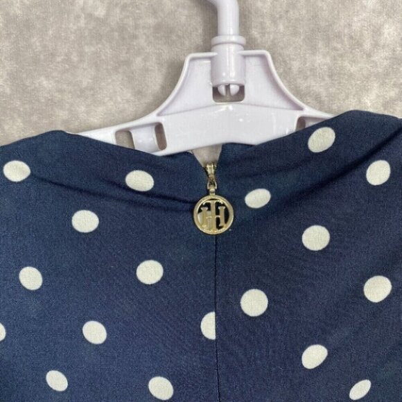 Tommy Hilfiger Dress Womens 11/19 Navy Polka Dots Stretch Retro Pleated V-Neck - Picture 12 of 14